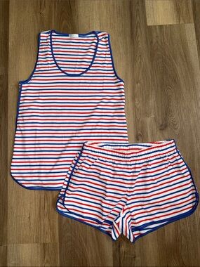 NEW LAKE Red White & Blue Stripe Americana Pima Cotton Tank Shorts Pajama Set XS